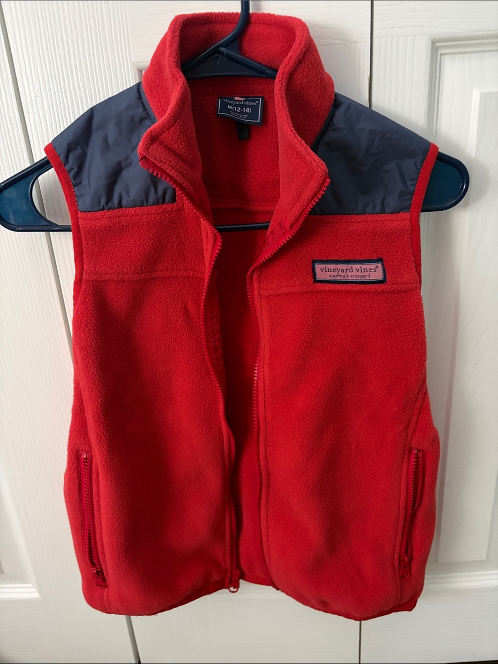 Vineyard Vines Kids Red Fleece Vest with Navy Shoulder Panels M12-14
